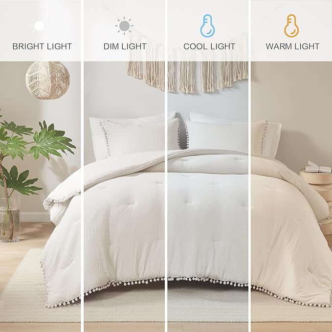 Codi Beige King Comforter Set - Boho Chic Bedding with Elegant Pom Fringe, Soft Washed Microfiber 3pc Luxury Set, Lightweight & Breathable for Master Bedroom, 1 Comforter & 2 Pillow Shams