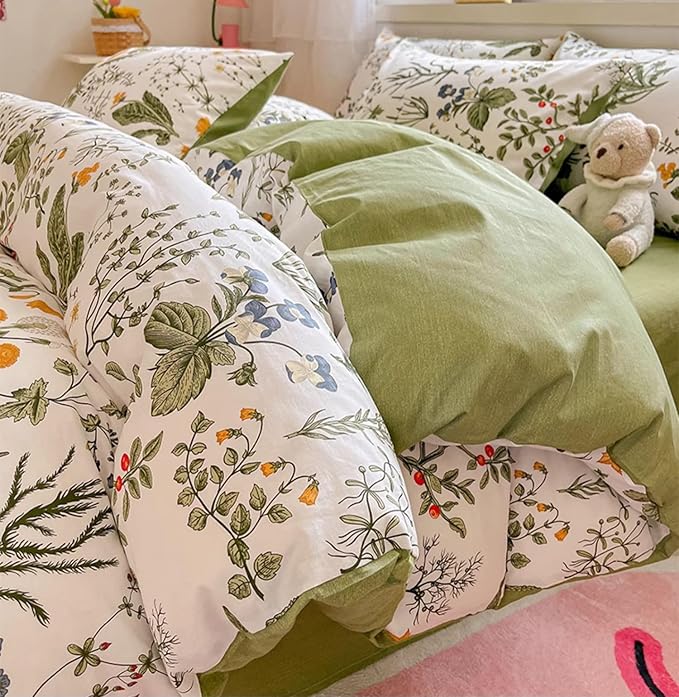 KAREVER Botanical Comforter Set Twin Cotton White and Green Floral Plant Bedding Set Garden Pattern Printed on White Reversible Blanket 3 PCs 1 White Comforter 2 Pillowcases