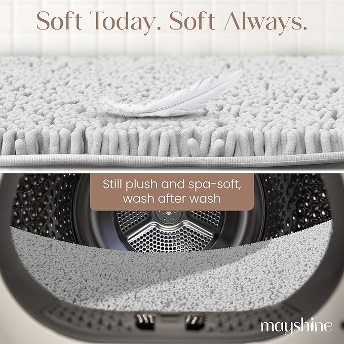 MAYSHINE Plush Shaggy Chenille Bath Mat | Extra Soft, Super Absorbent, Non-Slip Bathroom Rug | Fluffy Microfiber, Area Rug Sets for Bathroom Floor, Kitchen, Living Room | 59"x31" | White