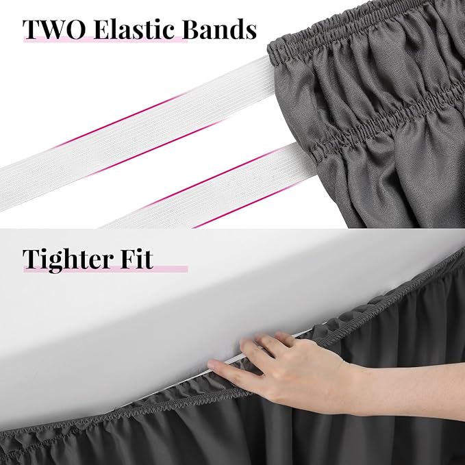 RIMELA Dark Grey Bed Skirt for Queen Size Beds & Matresses Wrap Around Elastic Dust Ruffles for Box Spring, Solid Wrinkle and Fade Resistant Machine Wash Fabric Easy to Install, Bedskirt 15 Inch Drop