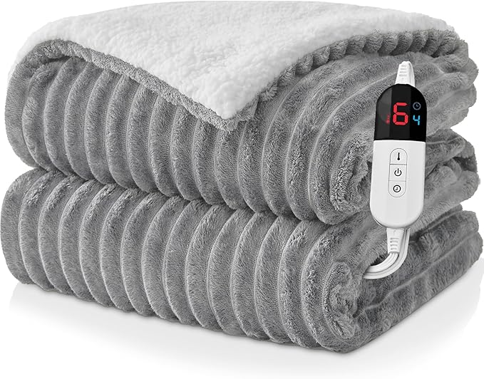 Electric Heated Blanket Twin Size - 62"x84" Fast Heating Bed Blankets with 6 Heating Levels & 10 Hours Auto Off, Soft Ribbed Flannel Sherpa, Over-Heated Protection ETL, Light Gray