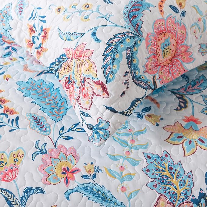 BEDIFANY Garden Cotton Filling Queen Size Quilt Set - Lightweight Bedspreads Queen Size (90 x 98 inch) with Colorful Floral Pattern - Farmhouse Queen Quilt Bedding Sets for Bed Coverlet, 3 Pieces