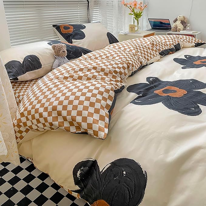 Cottonight Black Sunflower Comforter Set Full Black Beige Floral Bedding Comforter Set Full Big Flowers Cute Quilts Botanical Black White Blankets Elegant Bedding Set for Women Girls Female Teens