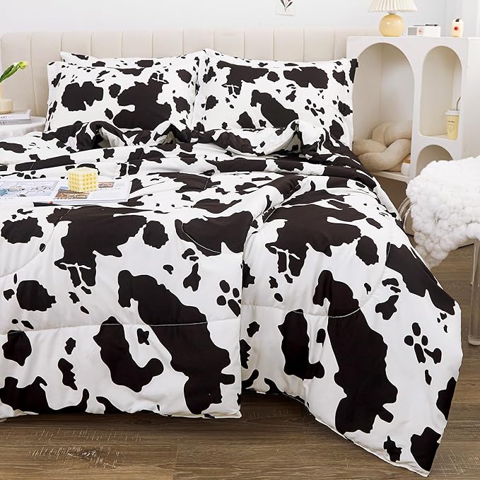 Viviland Kids Full Bedding Sets for Girls, Boys Soft Full Comforter Set with Sheets, 7 Pieces Microfiber Bed in a Bag, Cow Animal