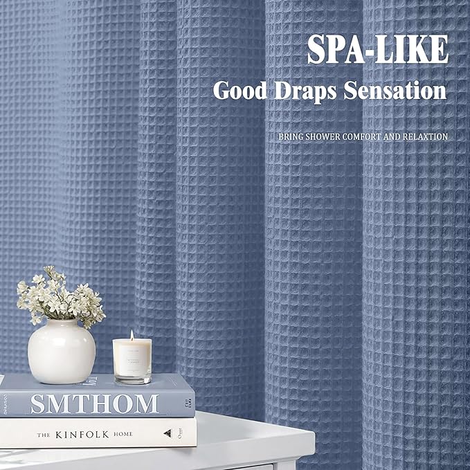 Waffle Weave Shower Curtain - Moonlight Blue Cotton Fabric Texture Heavyweight Shower Curtain for Bathroom,Washable,72Wx75L