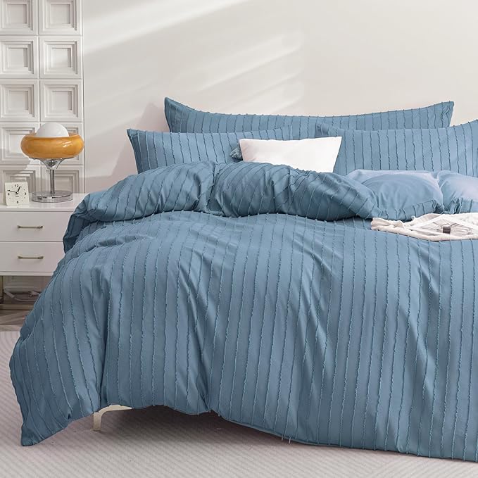 JELLYMONI Duvet Cover Queen Size Blue - 3PCS Boho Striped Duvet Cover Set Polyester Tufted Bohemian Textured Comforter Cover with Corner Ties & Zipper Closure