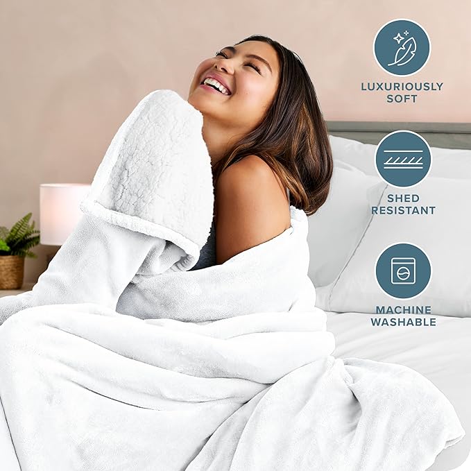 Bare Home Sherpa Fleece Blanket - Full/Queen Size - Blanket for Bed, Sofa, and Couch - Warm & Lightweight - Fluffy & Soft - Reversible (Full/Queen, White)