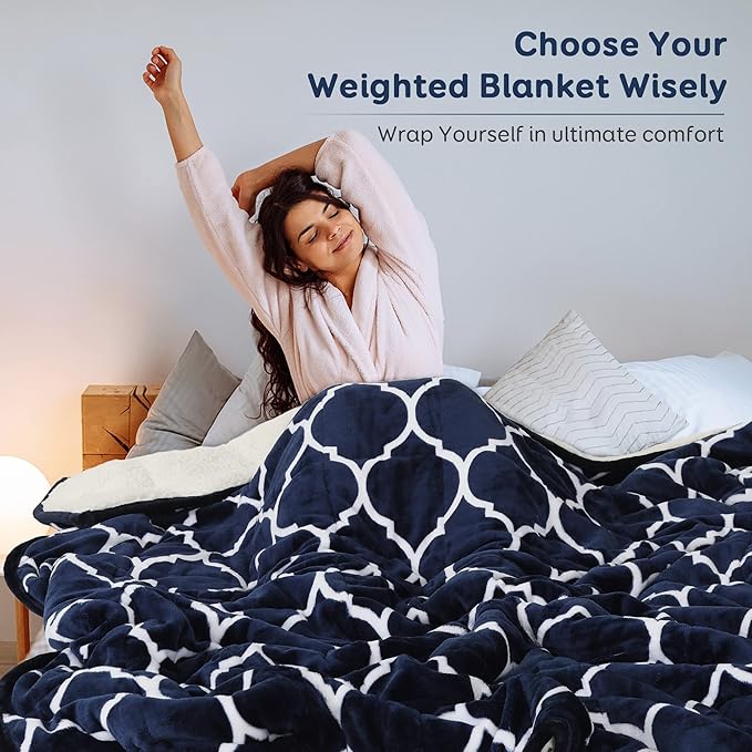Cottonblue Morocco Fashion Print Weighted Blanket 15lbs, Sherpa Fleece Weighted Blanket for Adult, Dual Sided Fluffy Fuzzy Plush Thick Throw Blanket for Sofa Bed, 60x80 inches, Navy Blue