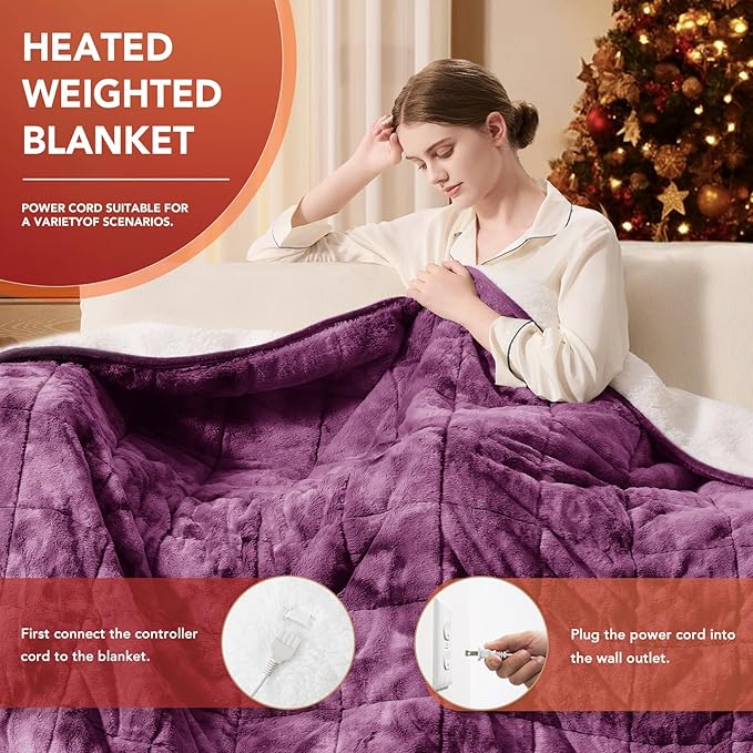 Homemate Heated Weighted Blanket for Adults - 62"x84" 15lbs Electric Throw Fast Heating Heavy Blanket 1/2/4/6/8 Hour Auto Off 10 Heat Levels Over-Heat Protection Soft Flannel Sherpa