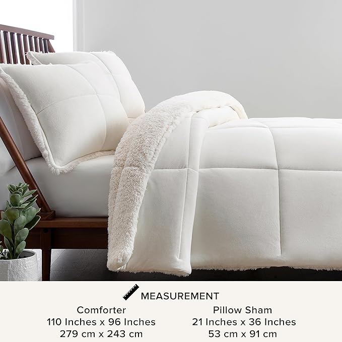 UGG Blissful Comforter Set with 2 Pillow Shams Reversible White Comforter Plush Fluffy Warm Bed Set Premium Hypoallergenic Down Alternative Bedding Breathable, King/California King, White Snow