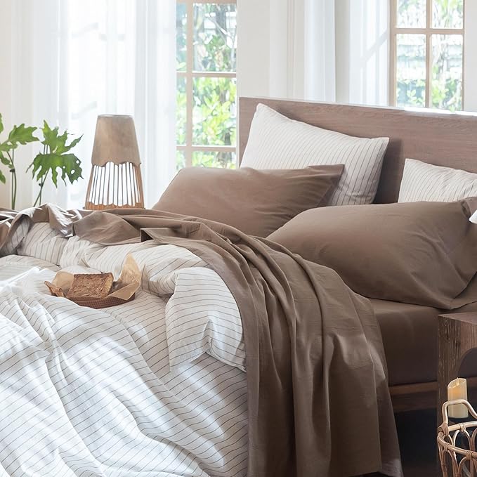 MooMee Bedding Sheet Set 100% Washed Cotton Linen Like Textured Breathable Durable Soft Comfy (Solid Brown, Full)
