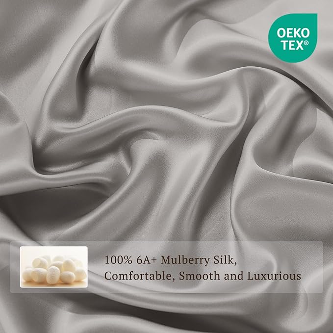 THXSILK 100% Pure Mulberry Silk Duvet Cover Set 3 Piece, 6A+ Grade Luxury Soft Bedding Silk Sheets for Hair and Skin, 1 Pcs Duvet/Quilt/Comforter Cover with 2 Zippered Pillowcases (Grey, Twin)