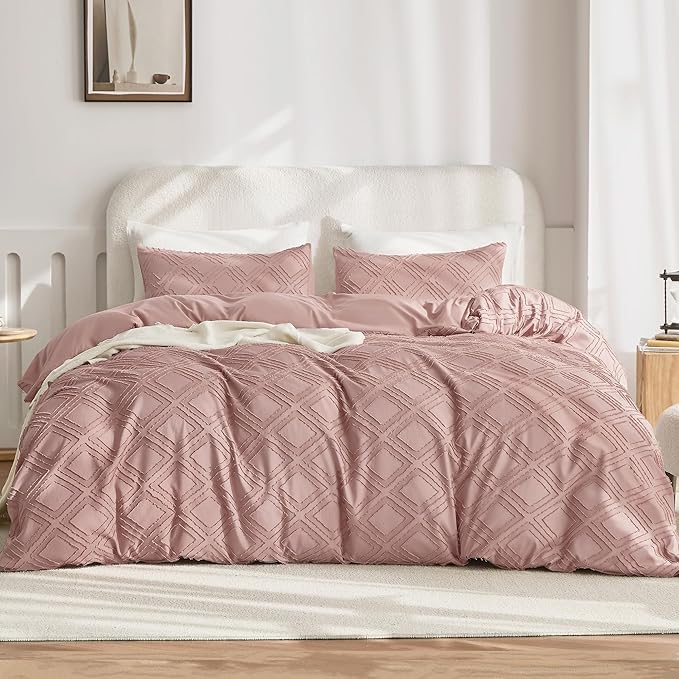 JELLYMONI Duvet Cover King Size Smokey Pink - 3PCS Boho Duvet Cover Set Plaid Polyester Tufted Bohemian Jacquard Knit Textured Comforter Cover 104×90in Rhombic Geometric Pattern Zipper Corner Tie