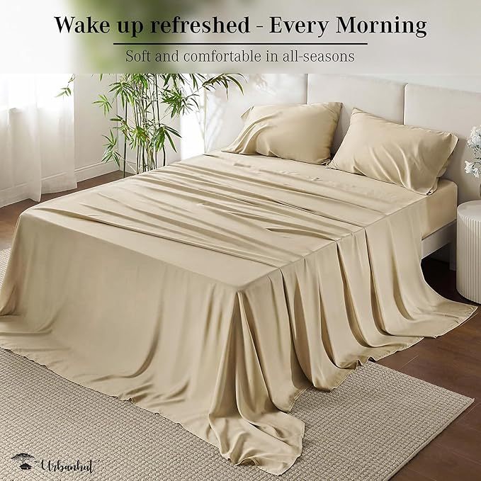 URBANHUT 700 Thread Count Egyptian Cotton Sheets California King Size, 4Pc Sheet Set Soft Luxury Bed Sheets for Cal King Size Bed, Sateen Weave Hotel Sheets, 16'' Elasticized Deep Pocket - Sand