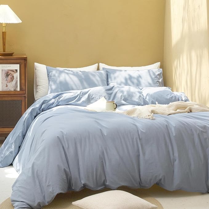 FOSSA Duvet Cover Set 100% Washed Cotton Linen Feel Super Soft Breathable Cozy 3 Pieces Bedding Sets Solid Cornflower Blue Super Queen