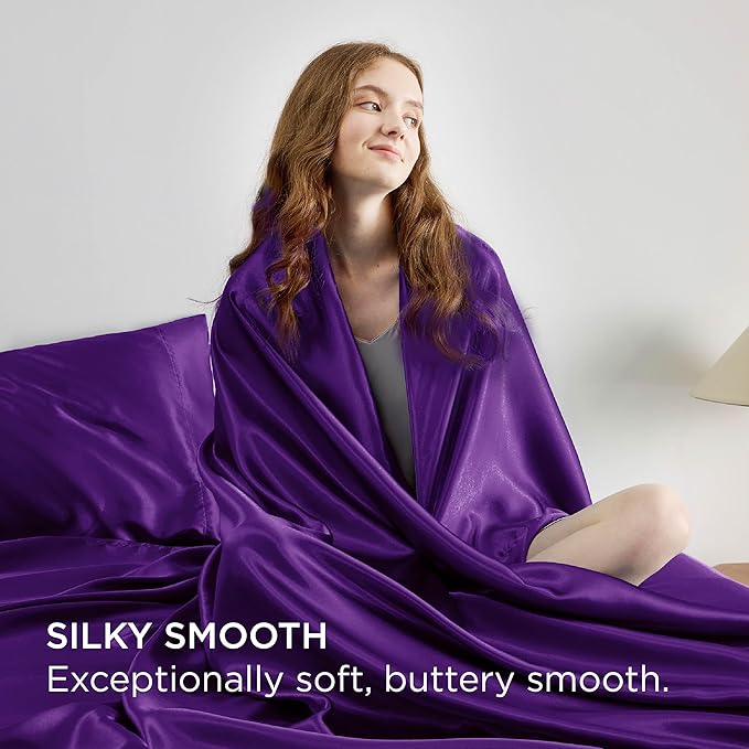 Bedsure Satin Sheets Queen Size - 4 Piece Silky Bedsheets with 15 Inches Deep Pocket Fitted Bedsheet,1 Flat Sheet, 2 Satin Pillowcases, Good for Hair & Skin (Queen, Purple)