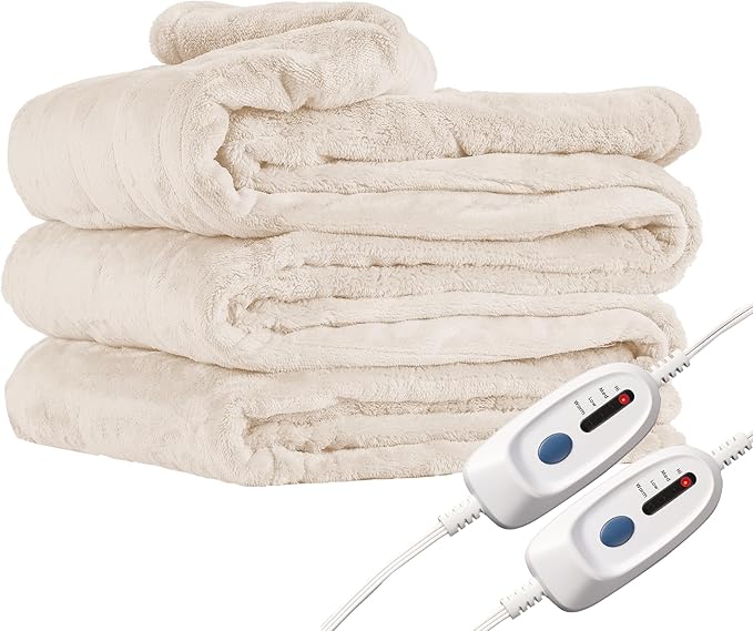 Electric Heated Blanket Queen Size 84"x90", Dual Controllers, Cozy Large Oversized, 4 Heating Levels & 10 Hours Auto Off, Cozy for Bed, Sofa, & Office, Machine Washable, White