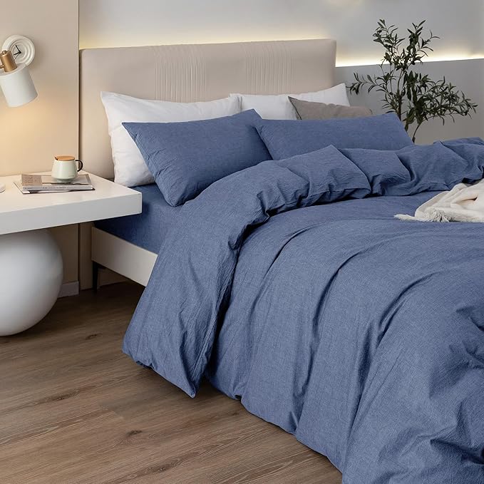 JIYUAN 100% Washed Cotton Duvet Cover Set 3 Pieces Oversized King, 1 Duvet Cover 120x98 Inches(Comforter Not Included) and 2 Pillowcases,Linen Like Comfy and Breathable,Heathered Blue