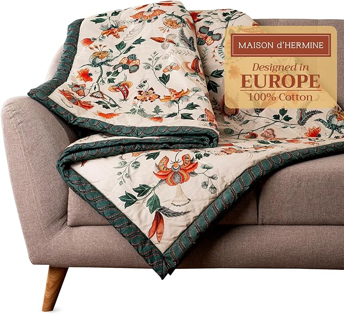 Maison d' Hermine Throw Blanket for Couch Lightweight Soft Warm Breathable Cotton Throw Blankets for Bed Girls Boys Women Men Gifts Sofa Travel Living Room Chair Bedding (50"x60", Dalida)