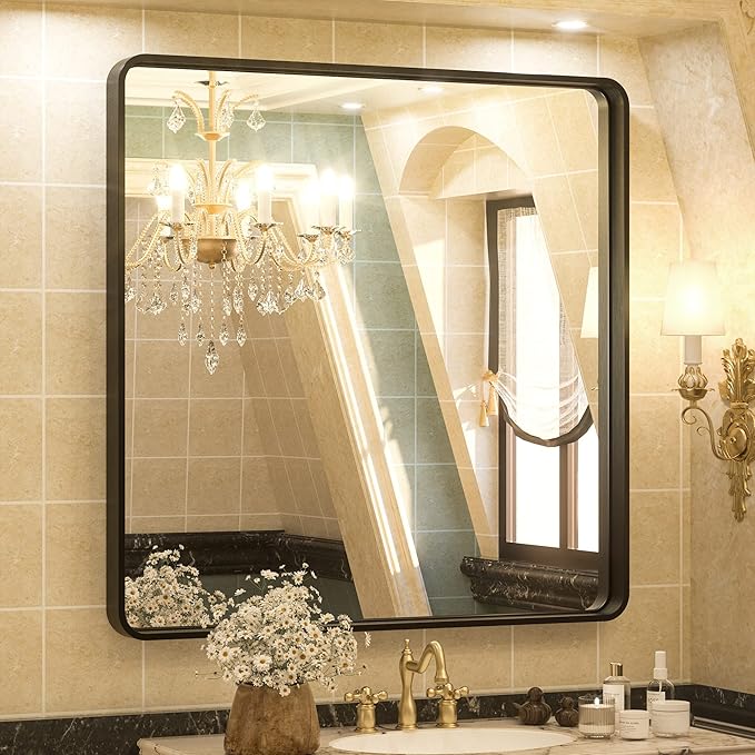 TETOTE Black Framed Mirrors for Bathroom, 36 x 36 Inch Modern Wall Mounted Square Matte Frame Decorative Vanity Mirror for Living Room Entryway