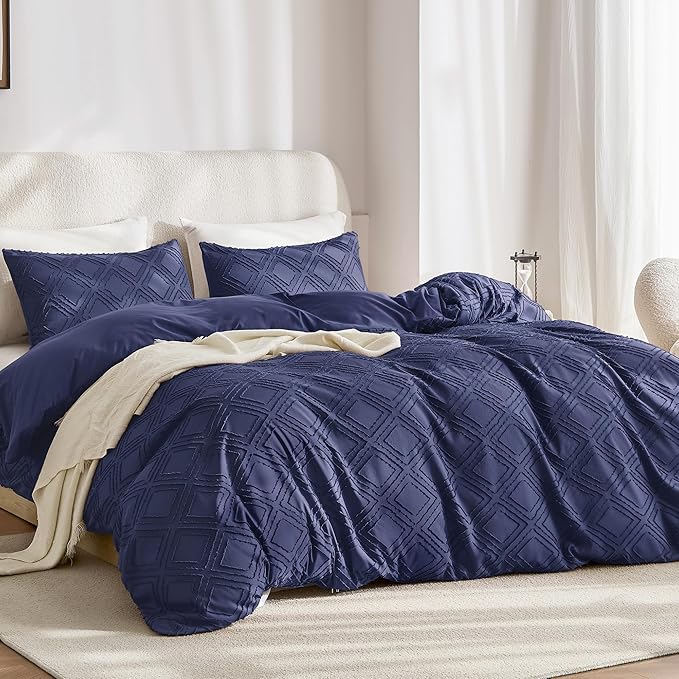 JELLYMONI Duvet Cover Full Size Navy Blue - 3PCS Boho Duvet Cover Set Plaid Polyester Tufted Bohemian Jacquard Knit Textured Comforter Cover 80×90in Rhombic Geometric Pattern Corner Ties & Zipper