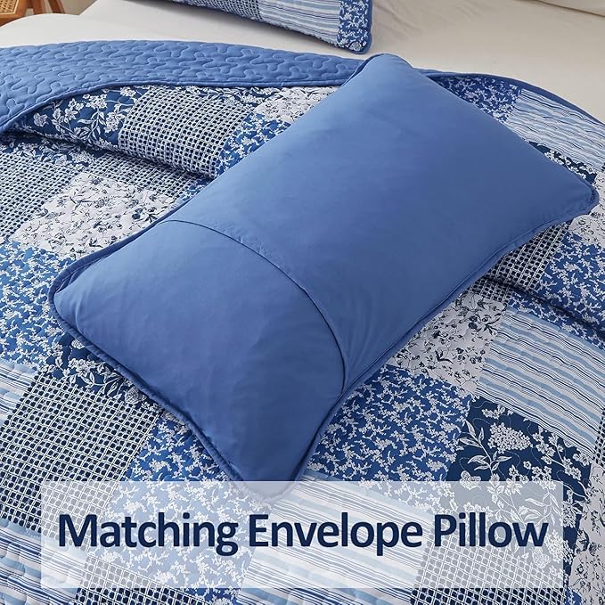 Mybedsoul Blue Quilt Set Full Size, 3 Pieces Plaid Floral Bedspread Set Patchwork Reversible Bedding Set Microfiber Lightweight Bedspread Coverlet Set for All Season 78"x90"