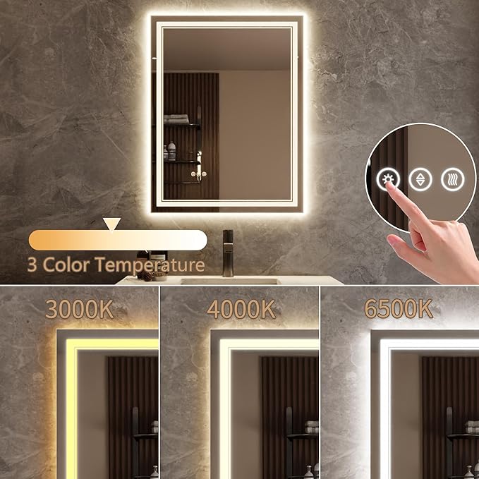 Bathroom Mirror with Lights 28"X36" with Front Light and Backlit, Tempered Glass, Wall Mount Horizontal/Vertical, Stepless Dimmable, 3 Colors, Anti Fog, Bathroom Memory LED Mirror