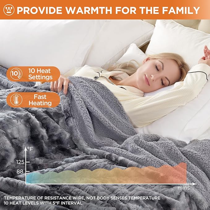 Westinghouse Electric Blanket Queen, Faux Fur Heated Blanket with 10 Heating Levels & 1-12 Hours Auto Off, Soft Cozy Sherpa Heated Blanket Washable Blanket (84" x 90" Queen Size, Grey)