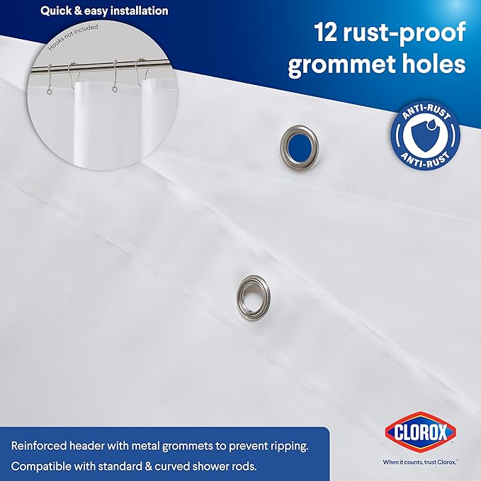 Clorox Shower Curtain Liner, Premium Lightweight Flexible Waterproof 4g PEVA for Bathroom with Weighted Magnets, Standard Size 70" x 72", White 1 Pack
