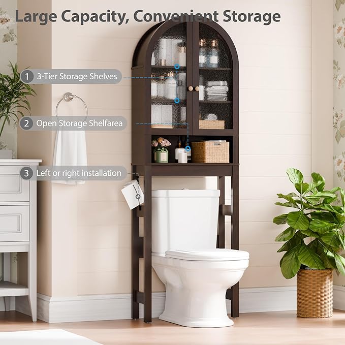 Over The Toilet Storage Cabinet, 23.7”W Modern Storage Cabinet Over Toilet with Acrylic Doors, Arched Freestanding Over Toilet Rack with Adjustable Shelf for Bathroom, Espresso
