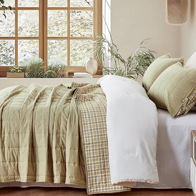 Moss Green Bedspreads Queen Size， Cotton Quilt 3-Pieces Bed Set Queen Size with Green Checked Stone Washed Bedding Coverlet with 2 Pillow Shams