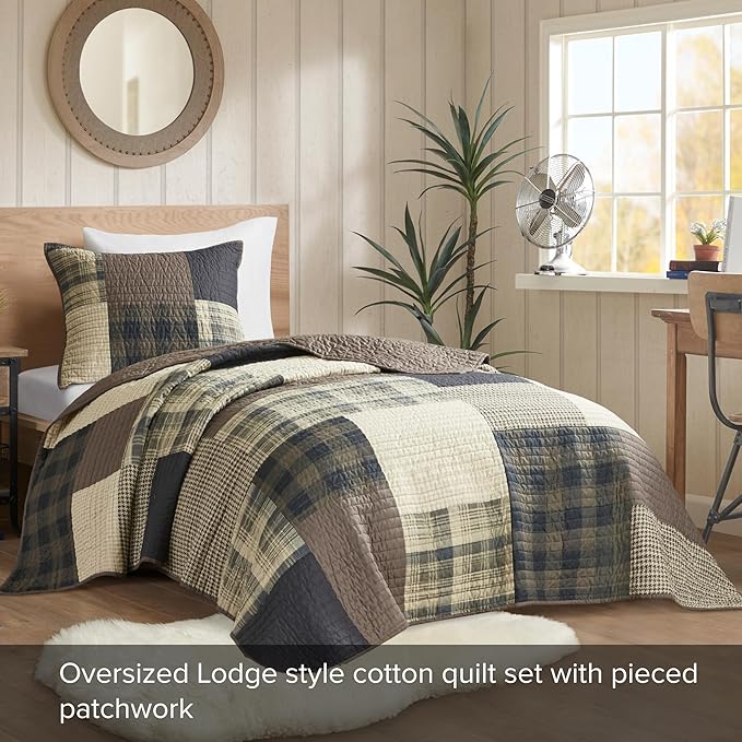 Woolrich Quilt Set Patchwork Channel Quilting, Cottege Coverlet for Twin Size Bed All Seasons, Lightweight Prewashed Cotton Coverlet Bedspread, Shams, Winter Hills, Oversized Twin/Twin XL Tan 2 Piece