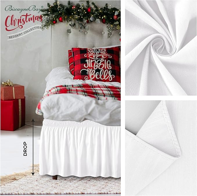 Biscaynebay Wrap Around Bed Skirts for Queen Size Beds Extra Short Drop of 9", White Elastic Dust Ruffles Easy Fit Wrinkle & Fade Resistant Silky Luxurious Fabric Solid Machine Washable