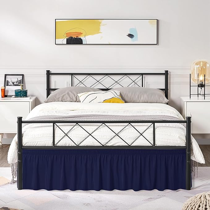 Biscaynebay Wrap Around Bed Skirts with Split Corners for Queen Beds 15" Drop, Navy Adjustable Elastic Dust Ruffles Easy Fit Wrinkle Resistant Silky Luxurious Fabric Machine Washable