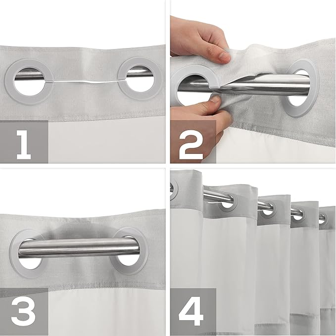 Long No Hook Slub Textured Shower Curtain with Snap-in PEVA Liner Set - 71" x 77"(75"), Hotel Style with See Through Top Window, Grey Fabric Curtain & Waterproof Liner, Gray, 71x77