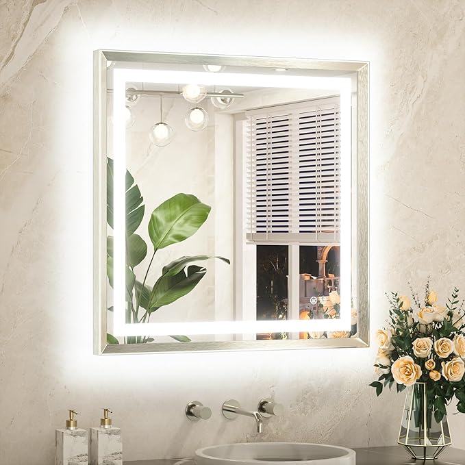 TETOTE Led Bathroom Mirror 30 x 30 with Brushed Bright Nickel Frame Anti-Fog Frontlit & Backlit Vanity Mirror Stepless Dimmable Mirrors for Bathroom Wall 3 Colors White/Warm/Natural Wall-Mounted