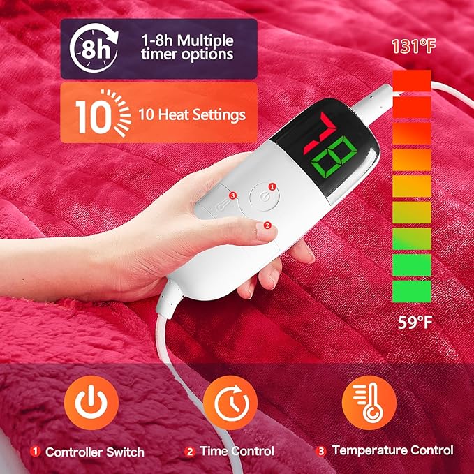 greenoak Heated Electric Blanket Throw, Faux Fur Sherpa Heating Blanket for Sofa Bed, Warm Winter Gifts for Mom/Grandma, Heater Lap Blankets 5-Position Timer &10 Heating Levels 84''*90" Red