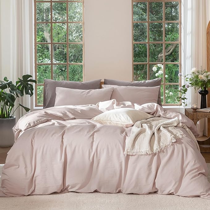 MooMee Bedding Duvet Cover Set 100% Washed Cotton Linen Like Textured Breathable Durable Soft Comfy (Heathered Greyish Pink, King 104"x90")