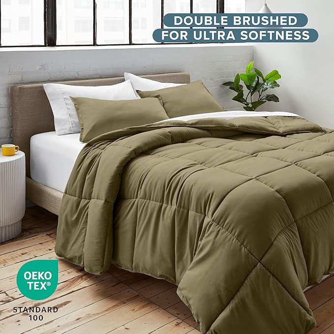 Bare Home Comforter Set - Full Size - Ultra-Soft - Goose Down Alternative - Premium 1800 Series - All Season Warmth (Full, Olive)
