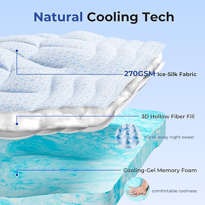 Dual Layer 4 Inch Cooling Memory Foam Mattress Topper Queen Size, 2 Inch Thick Soft Quilted Ice Silk Pillow Top Cover Plus 2 Inch Gel Memory Foam Mattress Pad for Back Pain Relief