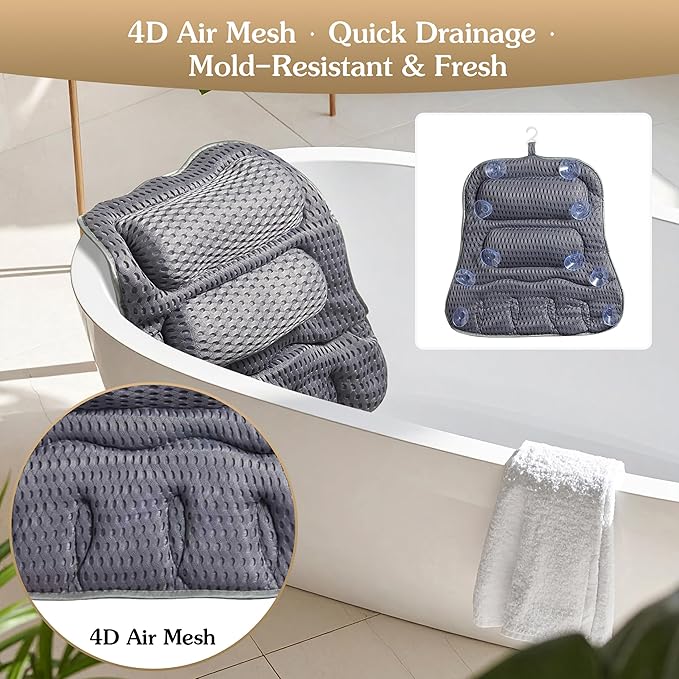 Luxury Bath Pillow for Tub, Dual Headrest & Back Support, 4D Air Mesh Quick-Dry Cushion, 10 Strong Suction Cups, Extra-Large Spa Bathtub Pillow Gift for Women(Grey)