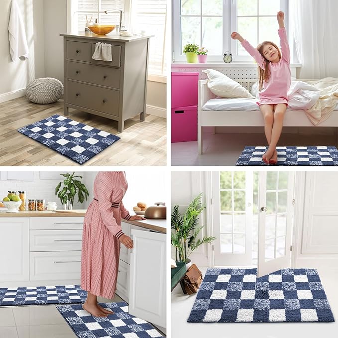 CozeCube Bath mats for Bathroom Non Slip, Fluffy Absorbent Microfiber Bath mat Washable, Aesthetic Bathroom Rugs, Small Navy Blue Checkered Bath mat, Navy Blue, 24" x 16"