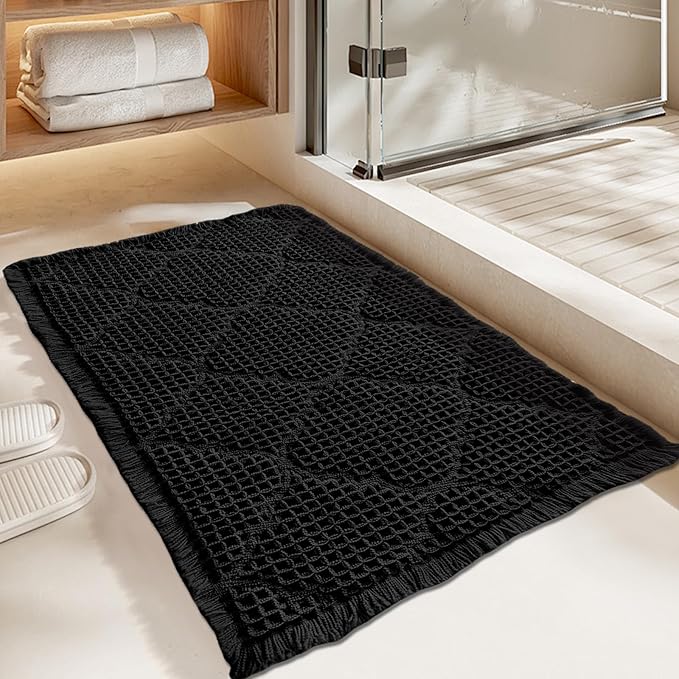 ZALL Black Waffle Bath Mat,Super Absorbent Non Slip Bathroom Rug,18x30inch, Geometric Diamond Machine Washable Ultra Soft Floor Mats