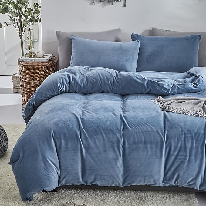 Cottonight Blue Velvet Comforter Full Size Bright Flannel Bedding Plain Lake Blue Winter Quilts Modern Heavyweight Warm 3 Piece Comforter Set for Full Bed