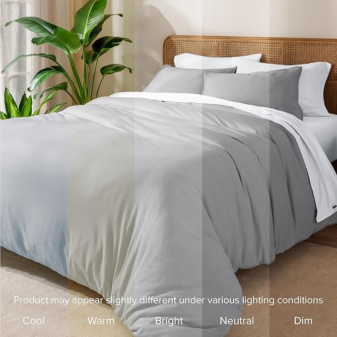 Bare Home 100% Organic Cotton Jersey Duvet Cover Set - Full/Queen Size - Ultra Soft - 100% Cotton - 3pcs - Corner Ties - Button Closure - Bedding Duvet Cover & Pillow Shams (Full/Queen, Light Grey)