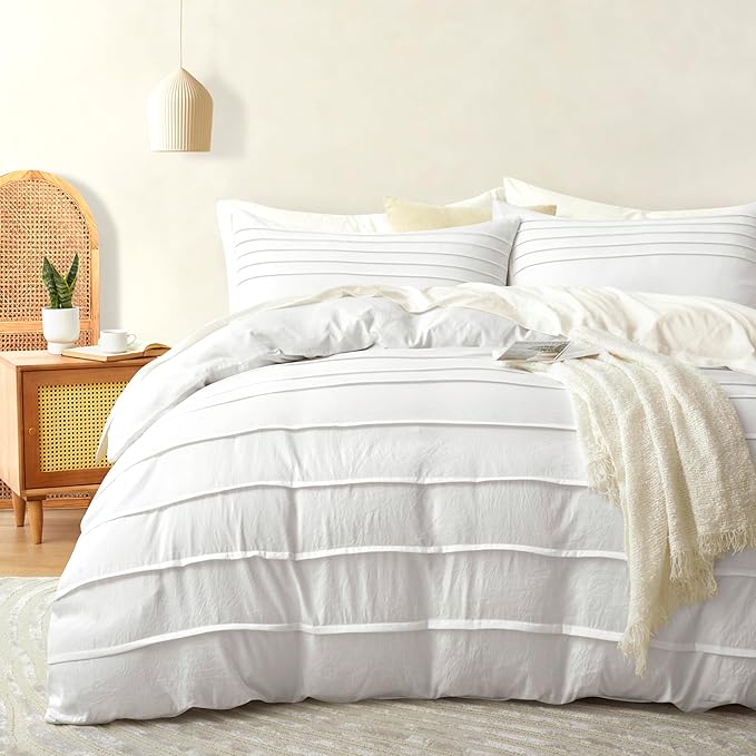 Oli Anderson White Duvet Cover Twin Size - Pleated Twin Duvet Cover, 2PCS Soft and Breathable Textured Bedding Set with Zipper Closure(White,68"x90")