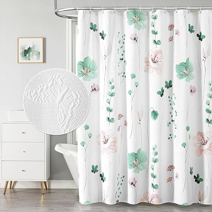 QiyI Long Shower Curtain 72 x 78, Modern Watercolor Floral Bath Curtain, 3D Embossed Sage Green Flower Cloth Bathroom Curtain, Waterproof Fabric Rustic Farmhouse Shower Curtain Set with Hooks