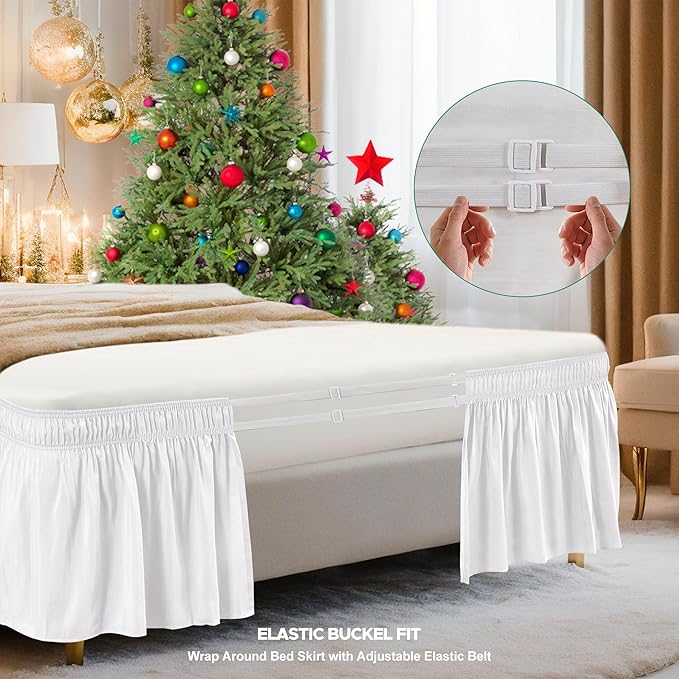 Biscaynebay Wrap Around Bed Skirts for King & Cal King Beds Extra Short Drop of 9", White Elastic Dust Ruffles Easy Fit Wrinkle & Fade Resistant Silky Luxurious Fabric Solid Machine Washable