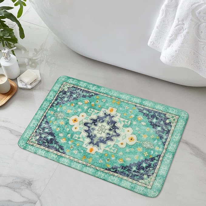 Uphome Boho Retro Bathroom Rugs Green Non-Slip Soft Bath Mat Machine Washable Oriental Small Bath Rug Traditional Tribal Floral Bath Mats for Sink Shower Tub Door Mat, 18x25 inch