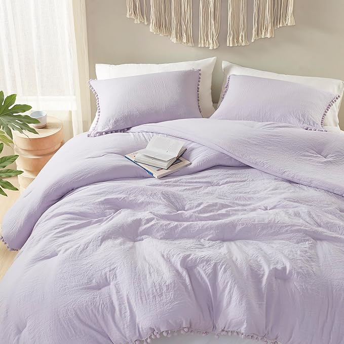 Codi Lavender Purple Boho Twin Comforter Set for Girls, Aesthetic Pom Fringe Design Cute Bedding, Soft Washed Microfiber Bed Sets, Lightweight Chic,1 Comforter & 1 Pillowcase